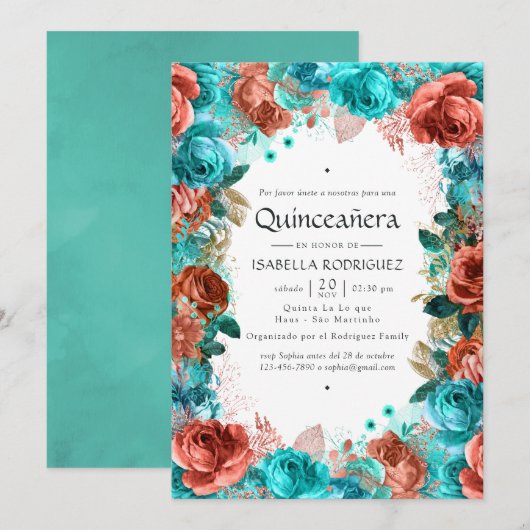 Invitation Espagnol Turquoise et Corail Floral Quinceañera (Devant / Derrière)