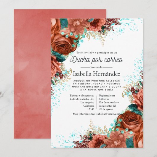 Invitation Espagnol Turquoise et Coral Floral Douche par cour (Devant / Derrière)
