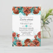 Invitation Espagnol Turquoise et Coral Floral Douche virtuell (Debout devant)