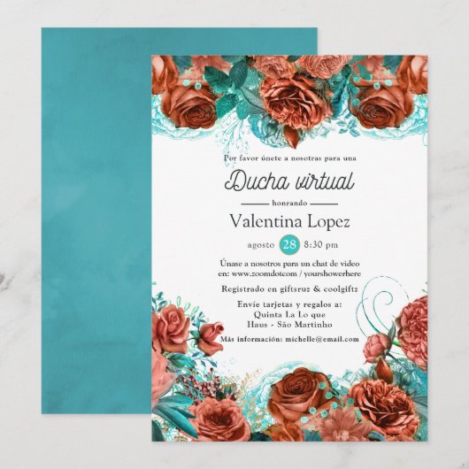 Invitation Espagnol Turquoise et Coral Floral Douche virtuell (Devant / Derrière)