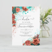 Invitation Espagnol Turquoise et Coral Floral Wedding shower (Debout devant)