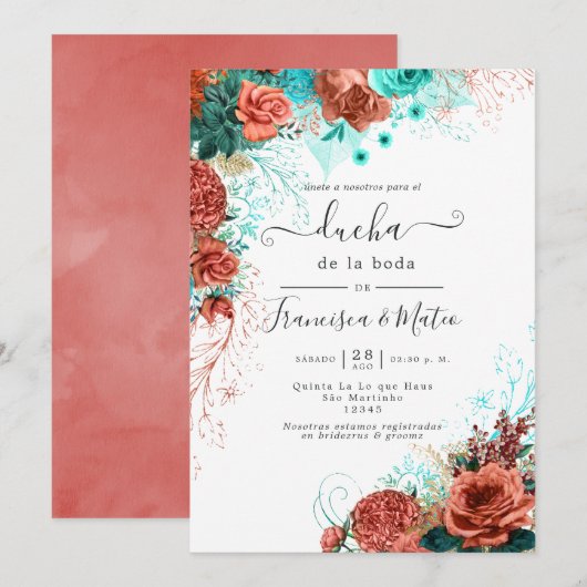 Invitation Espagnol Turquoise et Coral Floral Wedding shower (Devant / Derrière)
