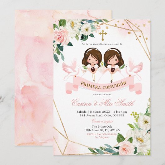 Invitation Espagnol Twin Pink Gold Floral Primera Comunió n (Devant / Derrière)