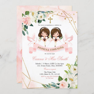 Invitation Espagnol Twin Pink Gold Floral Primera Comunió n