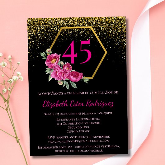 Invitation Espagnol Unique Noir & Or Rose 45e Anniversaire
