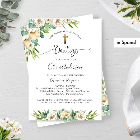 Invitation Espagnol, Verdure et Baptême Floral Blanc