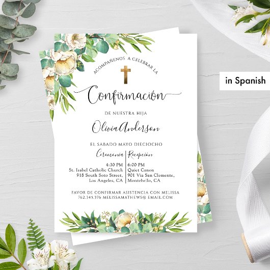 Invitation Espagnol, Vert Blanc Jaune Floral Confirmation