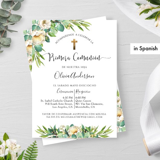 Invitation Espagnol Vert Or Blanc Floral Première Communion