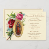 Invitation Espagnol Vintage bébé catholique écriture florale  (Devant / Derrière)