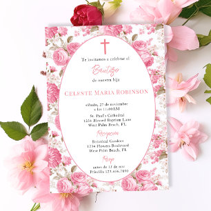 Invitation Espagnol Vintage rose Roses Floral Baptême