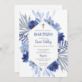 Invitation espagnole de baptême florale bleue pour (Devant / Derrière)