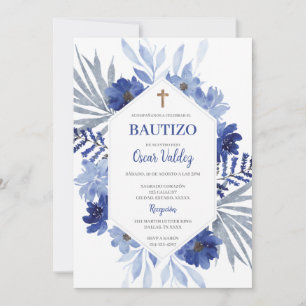Invitation espagnole de baptême florale bleue pour