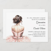 Invitation espagnole de Quinceañera rose (Devant / Derrière)