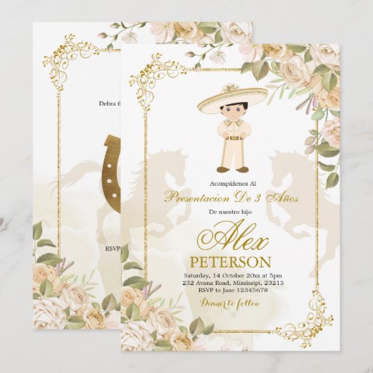 Invitation espagnole Mexicaine Gold Charro 3 Anos (Devant / Derrière)