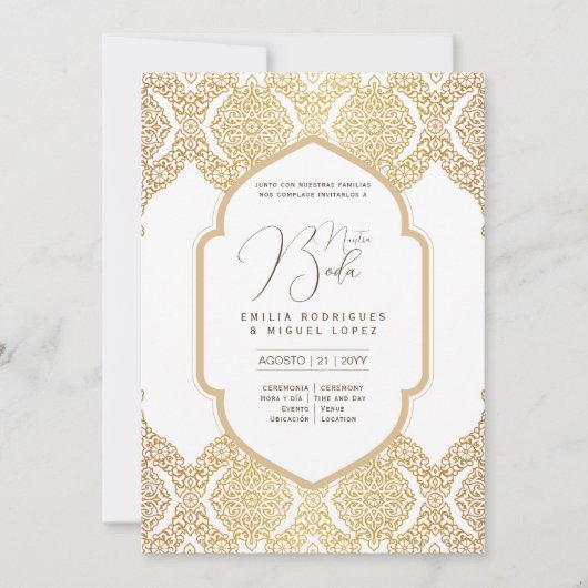 Invitation Espanol Invitación Boda Elegant Blanc Or Ornate (Devant)