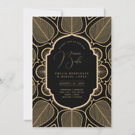 Invitation Espanol Invitación Boda Elegant Mariage d'or noir (Devant)