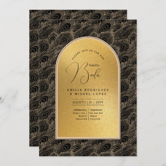 Invitation Espanol Invitación Boda Elegant Mariage d'or noir (Devant / Derrière)