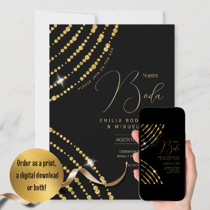 Invitation Espanol Invitación Boda Elegant Mariage d'or noir
