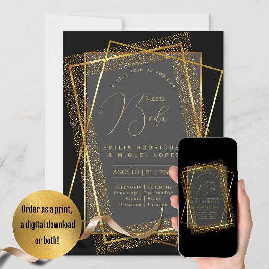 Invitation Espanol Invitación Boda Elegant Mariage d'or noir
