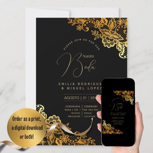 Invitation Espanol Invitación Boda Elegant Mariage d'or noir