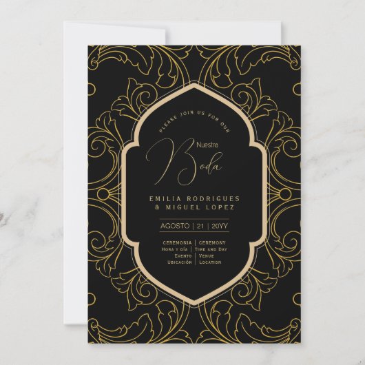 Invitation Espanol Invitación Boda Elegant Mariage d'or noir (Devant)