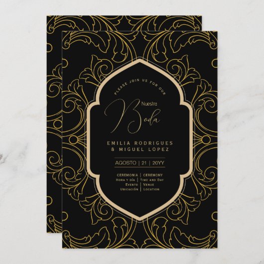 Invitation Espanol Invitación Boda Elegant Mariage d'or noir (Devant / Derrière)