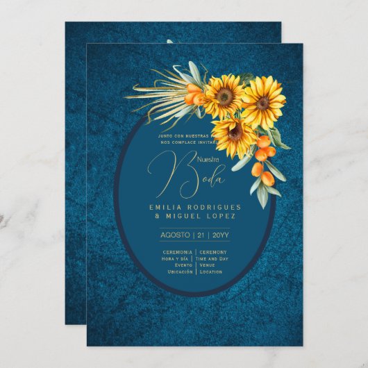 Invitation Espanol Invitación Boda Fleurs de soleil bleu rust (Devant / Derrière)