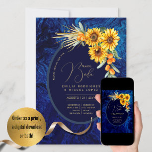 Invitation Espanol Invitación Boda Rustique Blue Sunflowers I