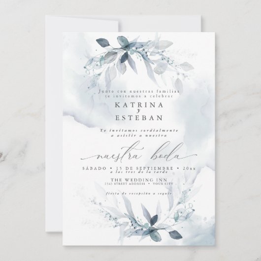 Invitation Español Mariage Rustique Dusty Blue Foliage (Devant)