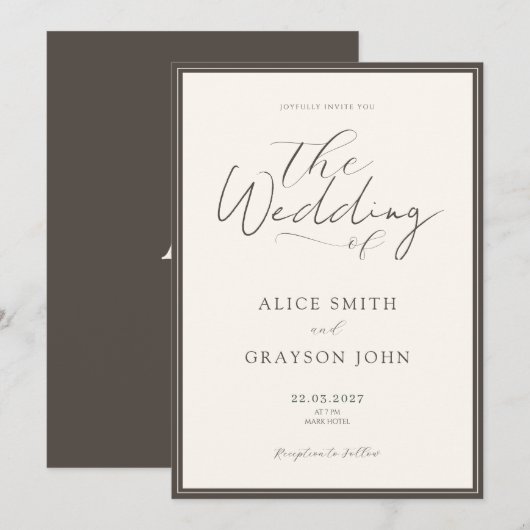 Invitation Espresso Beige Script Classic Minimalist Wedding  (Devant / Derrière)