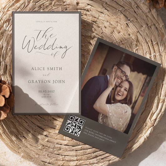 Invitation Espresso Photo Back QR Classic Minimalist Wedding