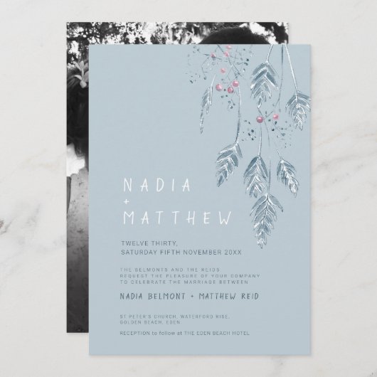 Invitation Esquisse simple herbe et baies photo bleu poussiér (Devant / Derrière)