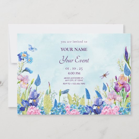 Invitation esthétique florale aquarelle bleu violet (Devant)