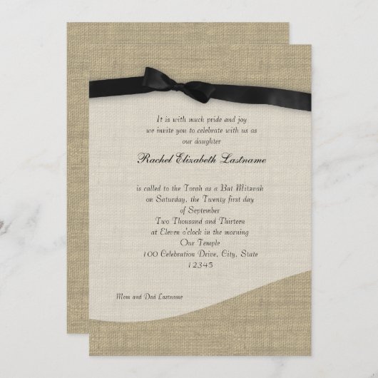 Invitation et Bat mitzvah Burlap (Devant / Derrière)