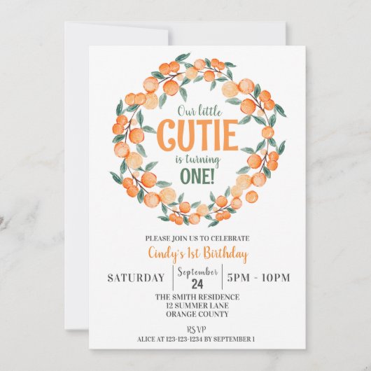 Invitation Été 1er anniversaire, Oranges Citrus Wreath (Devant)