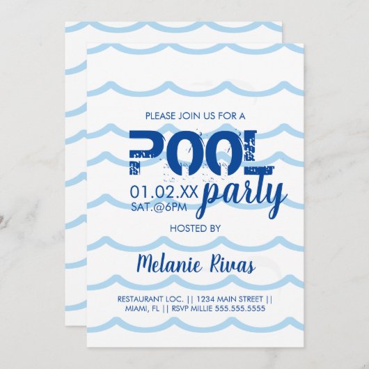 Invitation Été Anniversaire Pool Party Blue Waves Motif (Devant / Derrière)