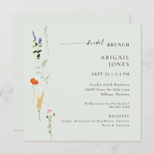 Invitation Été Aquarelle Florale Sage Bridal Brunch (Devant / Derrière)