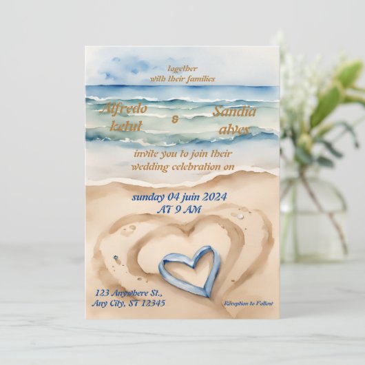 Invitation été aquarelle plage océan bleu mariage (Debout devant)