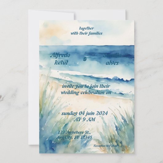 Invitation été aquarelle plage océan bleu mariage (Devant)
