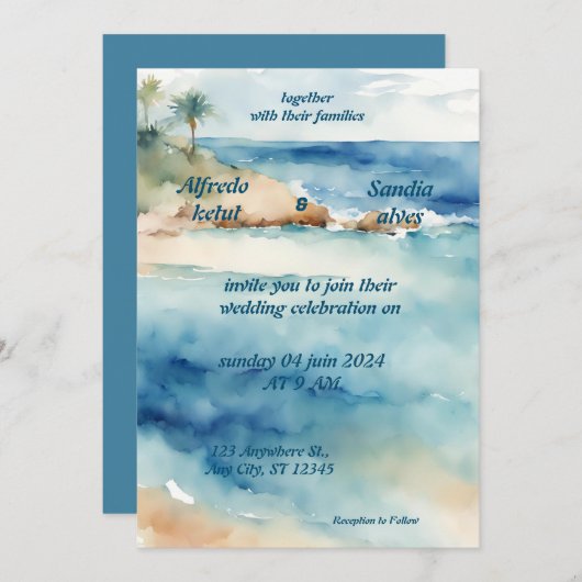 Invitation été aquarelle plage océan bleu mariage (Devant / Derrière)