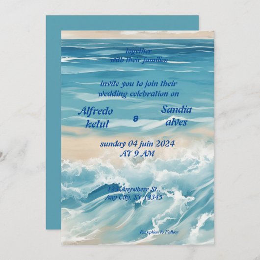 Invitation été aquarelle plage océan bleu mariage (Devant / Derrière)