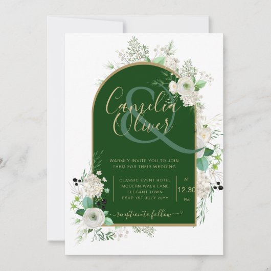 Invitation Été Blanc Roses Emerald Green Arch Mariage Inv (Devant)