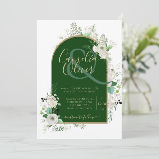 Invitation Été Blanc Roses Emerald Green Arch Mariage Inv (Debout devant)