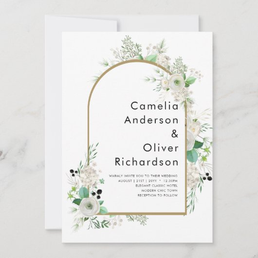 Invitation Été Blanc Roses Emeraude Mariage (Devant)