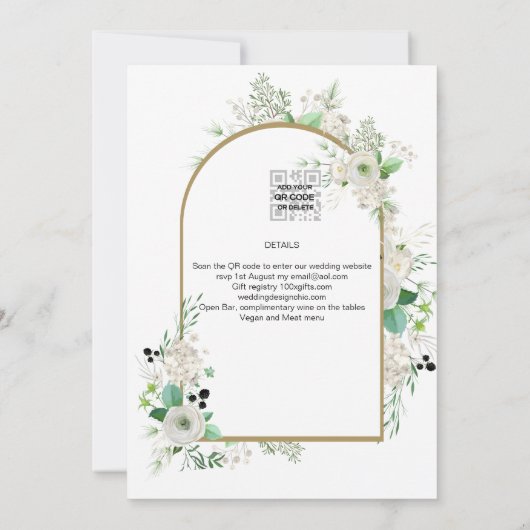 Invitation Été Blanc Roses Emeraude Mariage (Dos)