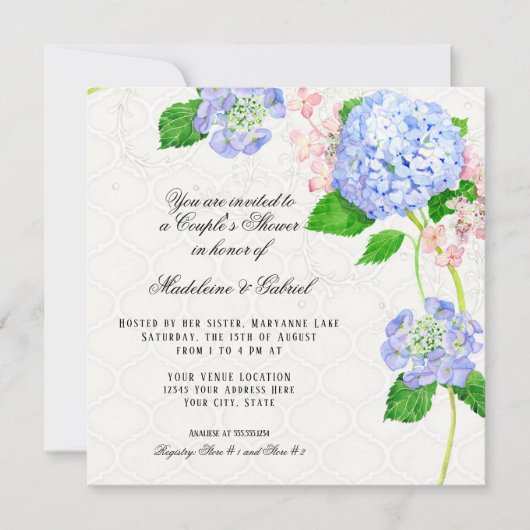 Invitation Eté Blue Hydrangea Aquarelle Couples Douche (Devant)