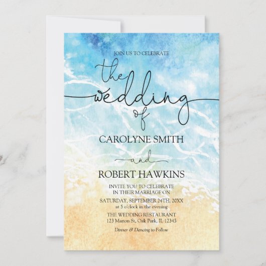 Invitation Eté Blue Ocean Beach Watercolor Mariage (Devant)