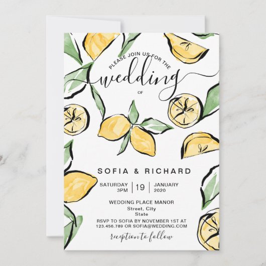 Invitation Eté Boho Aquarelle Citron Citrus Verdure (Devant)