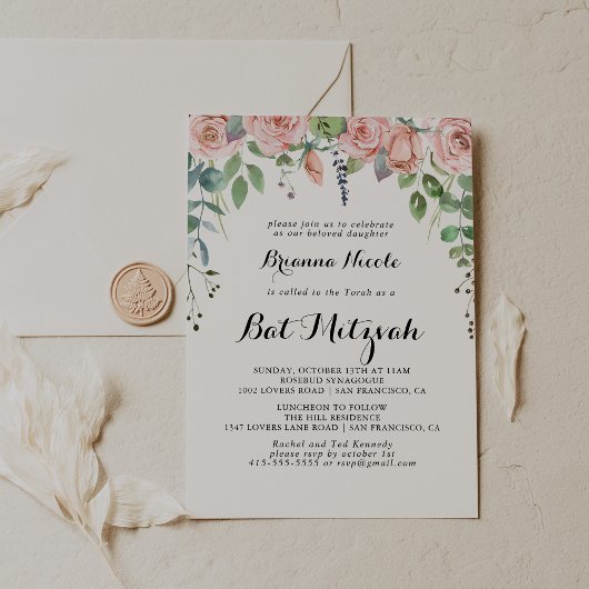 Invitation Été Breeze Floral Calligraphie Bat mitzvah