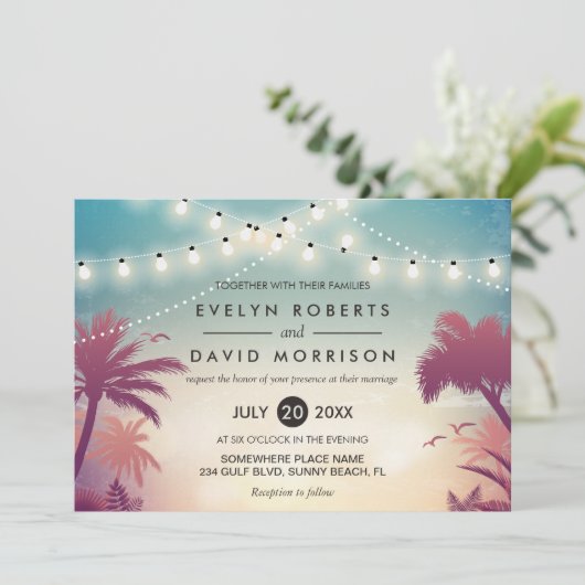 Invitation Été Chaîne Lights Palm Tree Mariage extérieur (Debout devant)